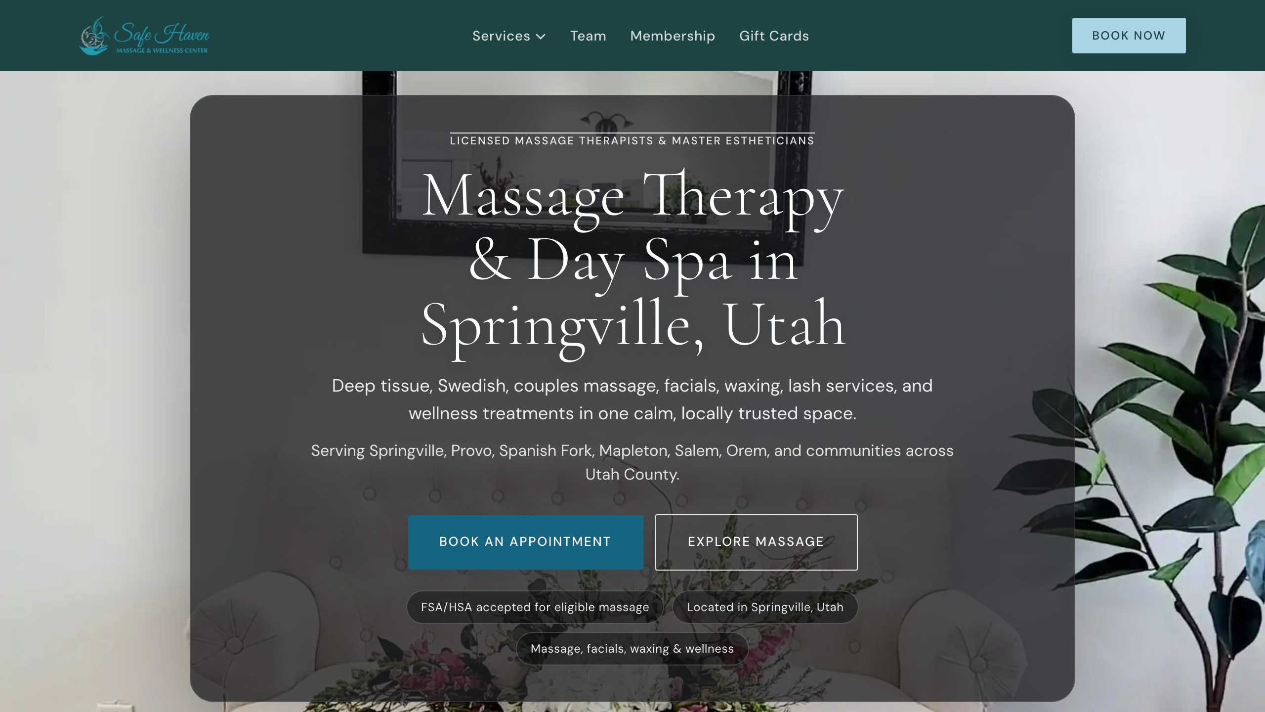 Safe Haven Spa homepage screenshot with booking CTA and service navigation